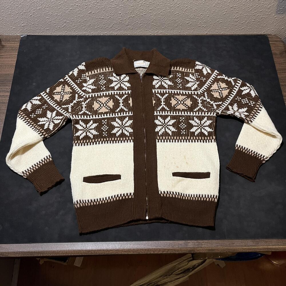 Vintage Haband Sweater Cardigan Mens Large Brown Fair Isle Orlon Full Zip 1970s